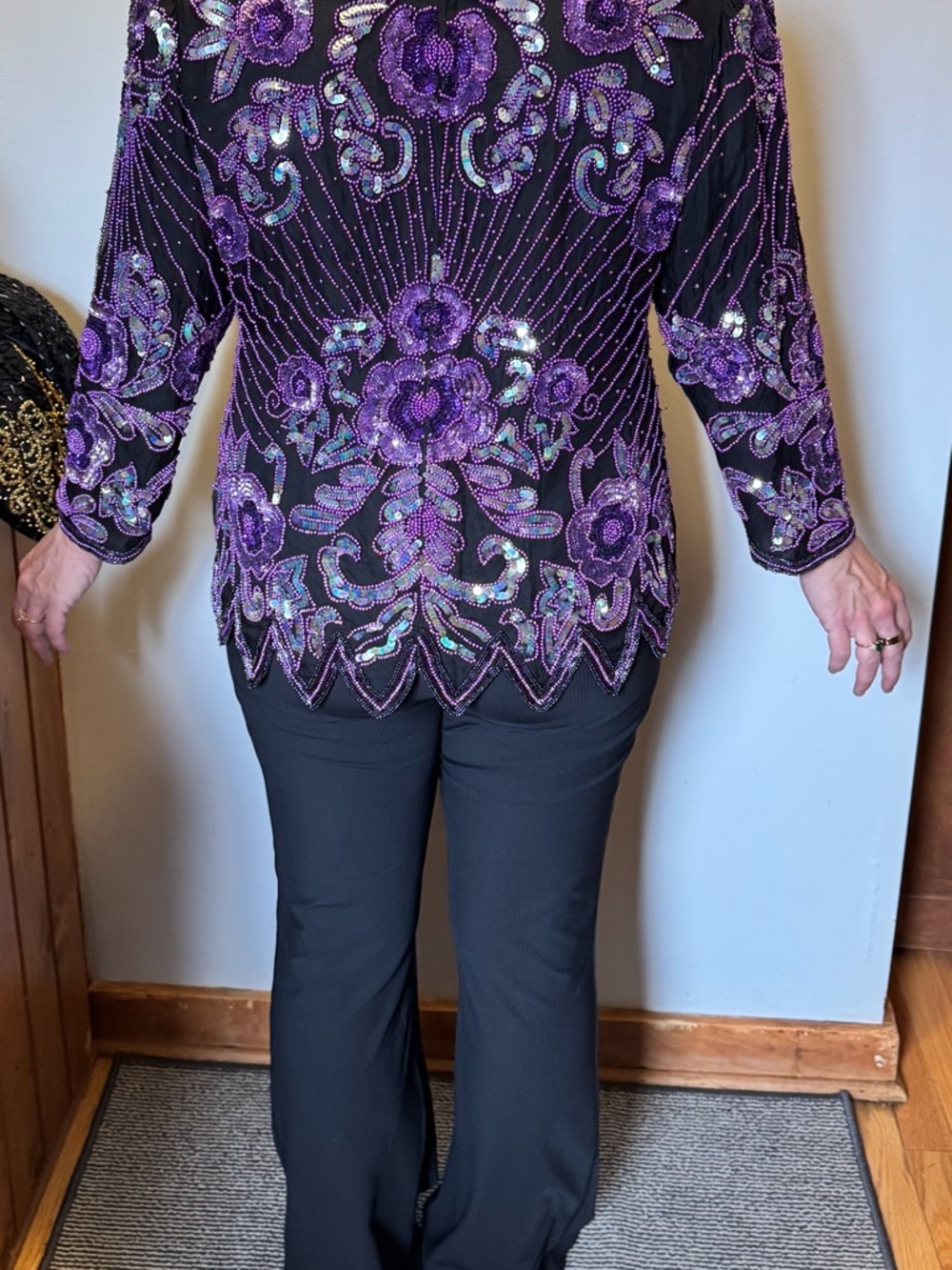 Elegant Sequin-Embellished Purple Blouse and Black Pants Set
